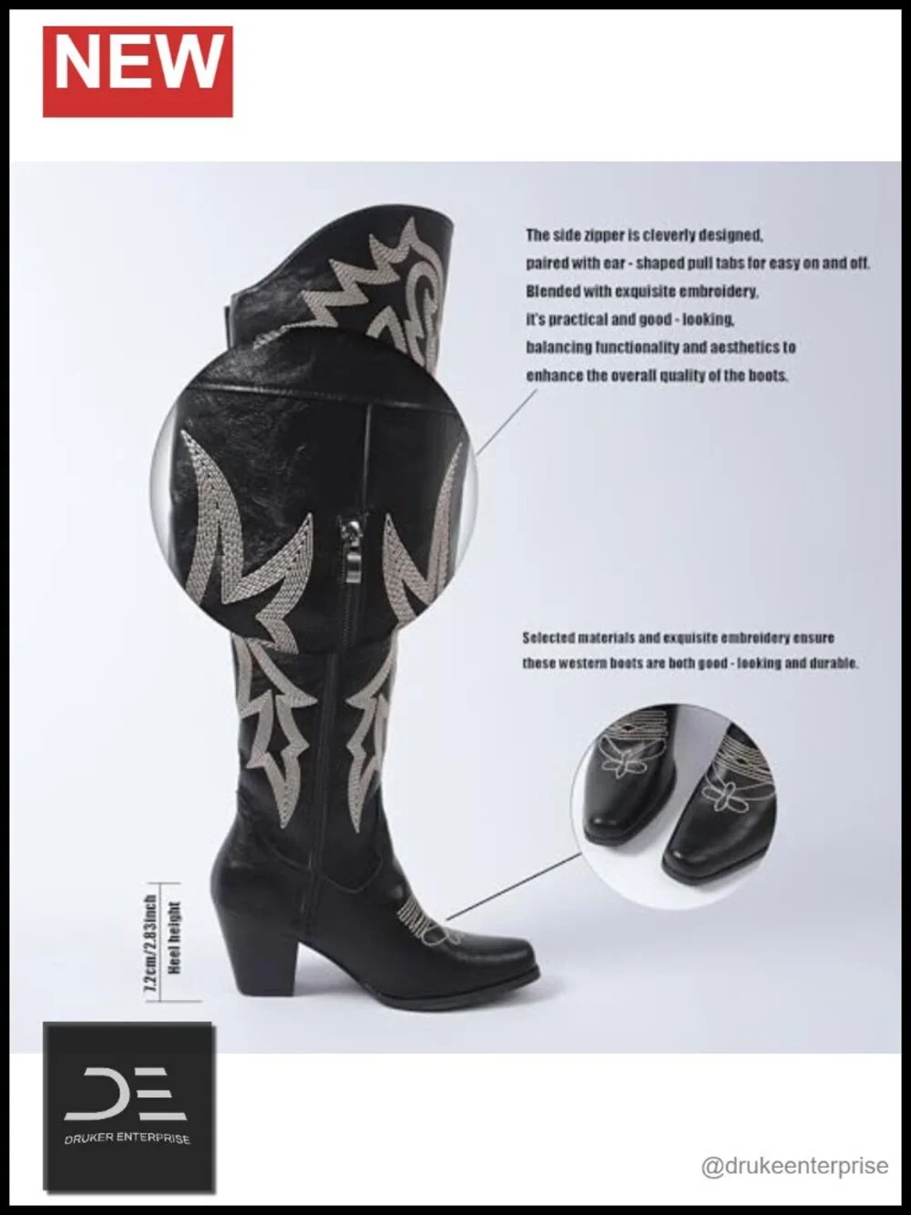 Over-the-Knee Western Cowboy Boots Square Toe PU Leather Embroidered